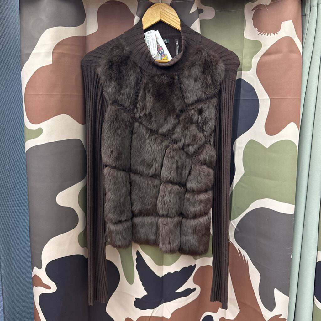 Dolce Cabo Mock Neck Rabbit Fur Front Brown Size M