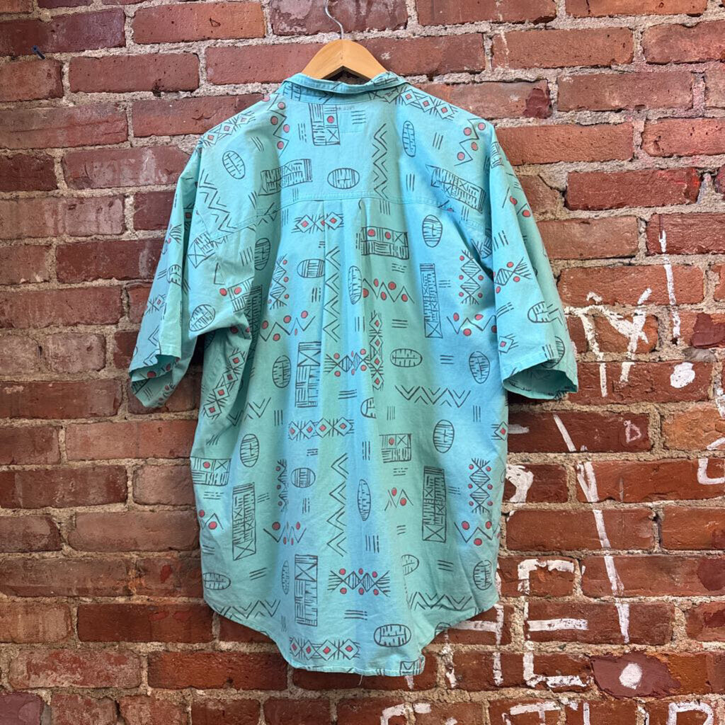 Bugle Boy VTG Button Up Short Sleeve Shapes&Lines Aqua/Red/Brown Size L