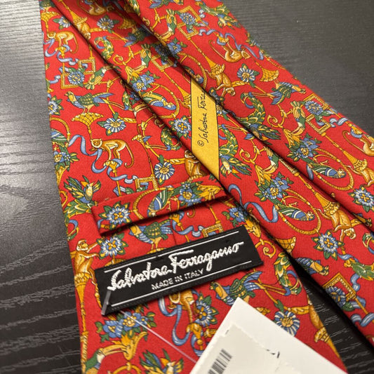 Vintage Salvatore Ferragamo Silk Bird Print Tie Red