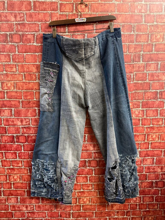 Jeans Patchwork Tie Waist Blue
