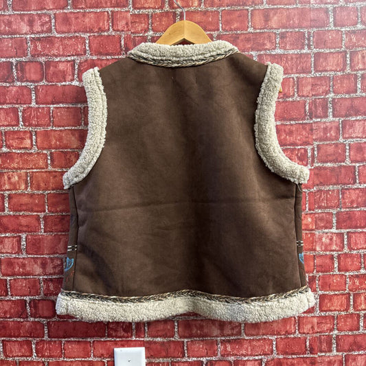 NWT House of Harlow 1960 Vest Fleece/Faux Shearling Embroidered Brown/Tan/Multi OS
