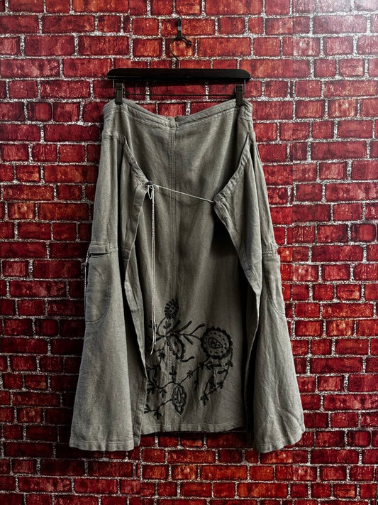 Tibet Moon Collection Maxi Skirt Cargo Canvas Ties Embroidered Brown