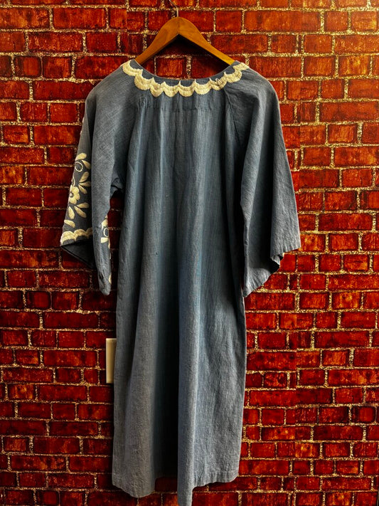 Arte Mexicano 70's Dress Hand Embroidered Peacock Blue/White