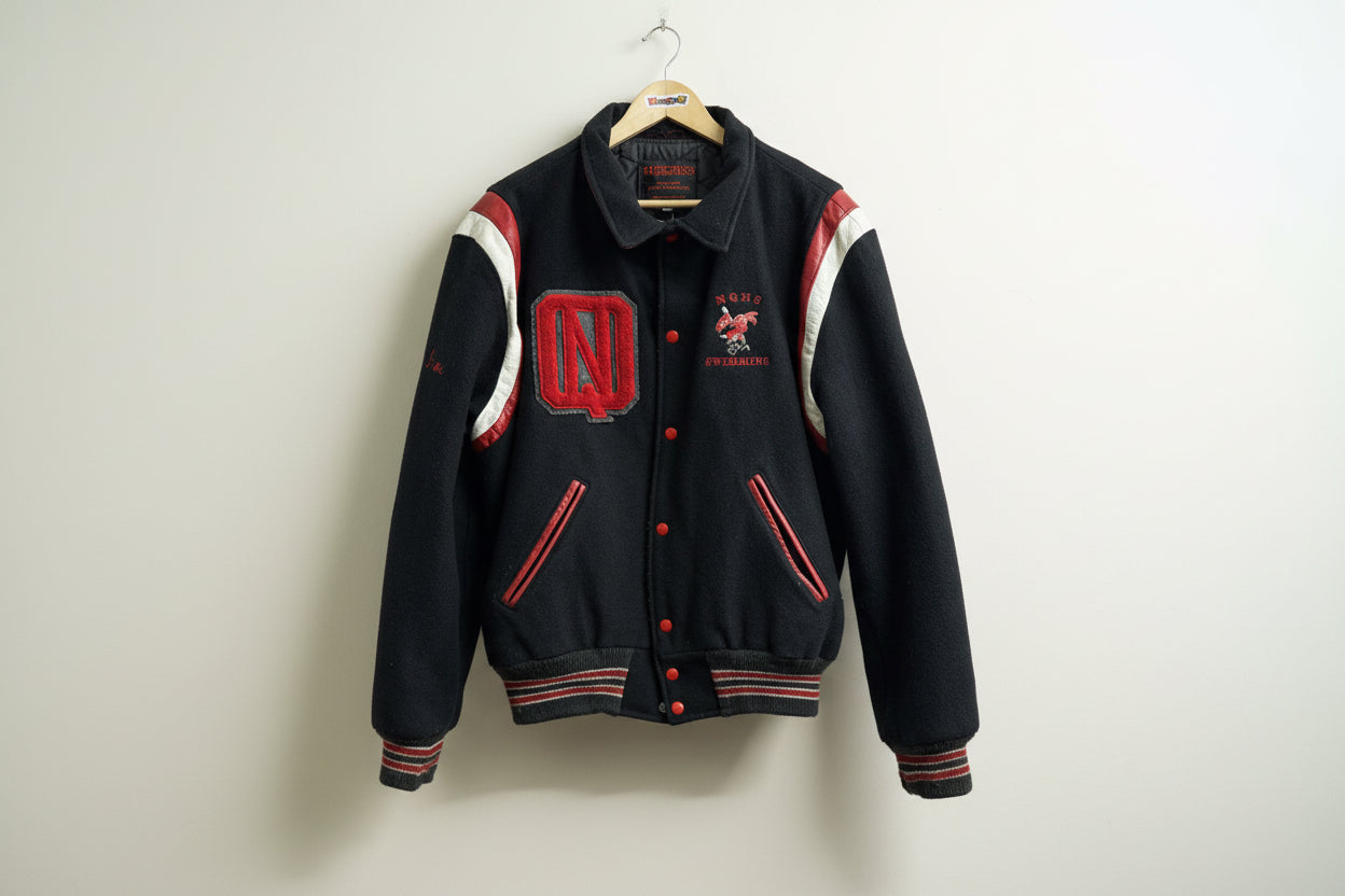 Hatchers Manufacturing Letterman Jacket Vintage NQHS Swimming Wool/Leather Black/Red Size XL