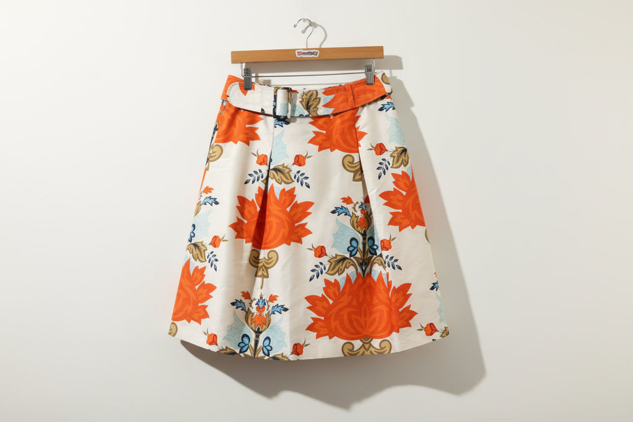Talbots Midi Skirt Belt Floral Silk White/Orange/Blue Size 8