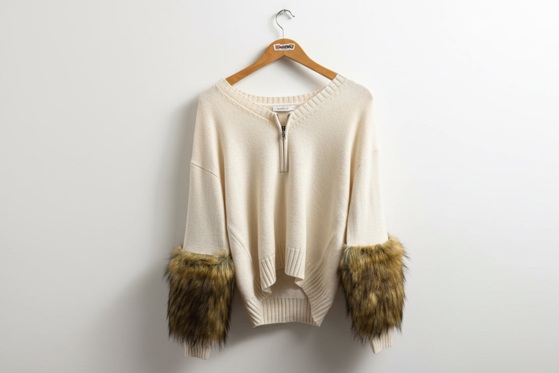 NWT Naadam Sweater Faux Fur Sleeves White/Tan Ladies Size S