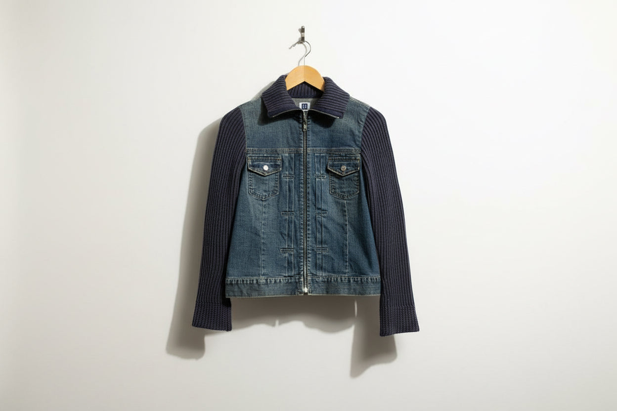 Gap Vintage Denim Jacket Cotton Knit Collar/Sleeves Blue Ladies Size S