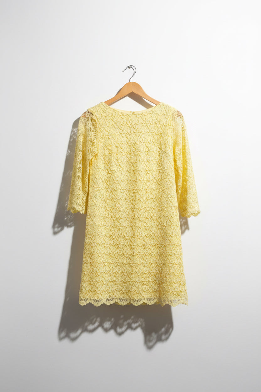 Vintage 1970s Yellow Lace Midi Dress Size M