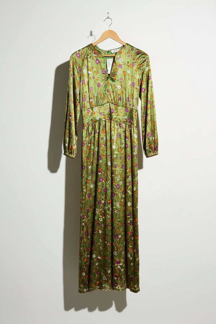 Vintage 1960s Green Velour LS Maxi Dress Size M