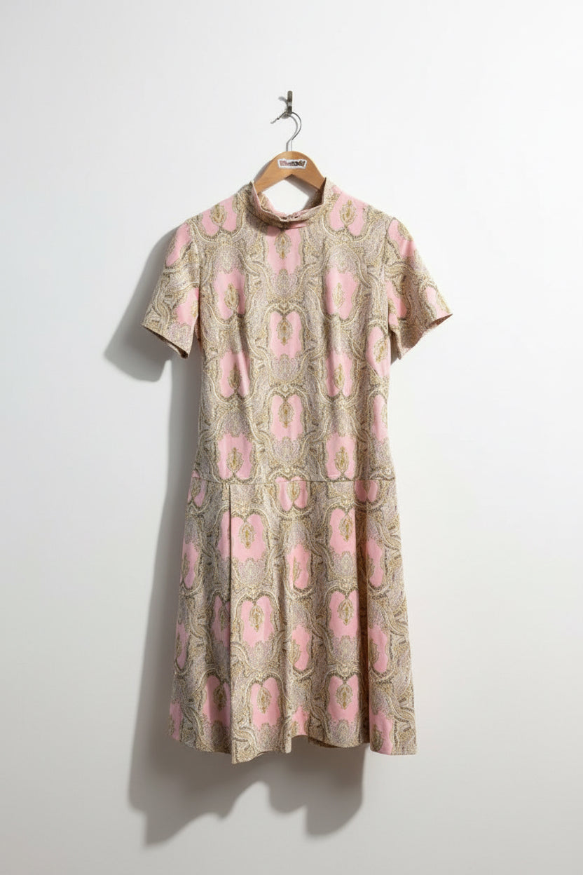 Shelton Stroller Vintage Midi Dress Mockneck Pink/Tan Size 14