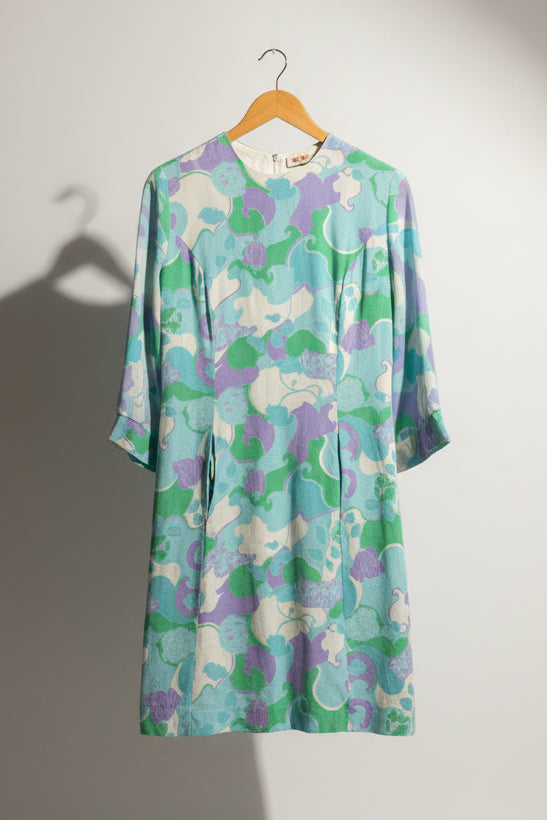 Vintage Midi Dress Roses Sheer Sleeve Green/Blue/Purple/White Size L