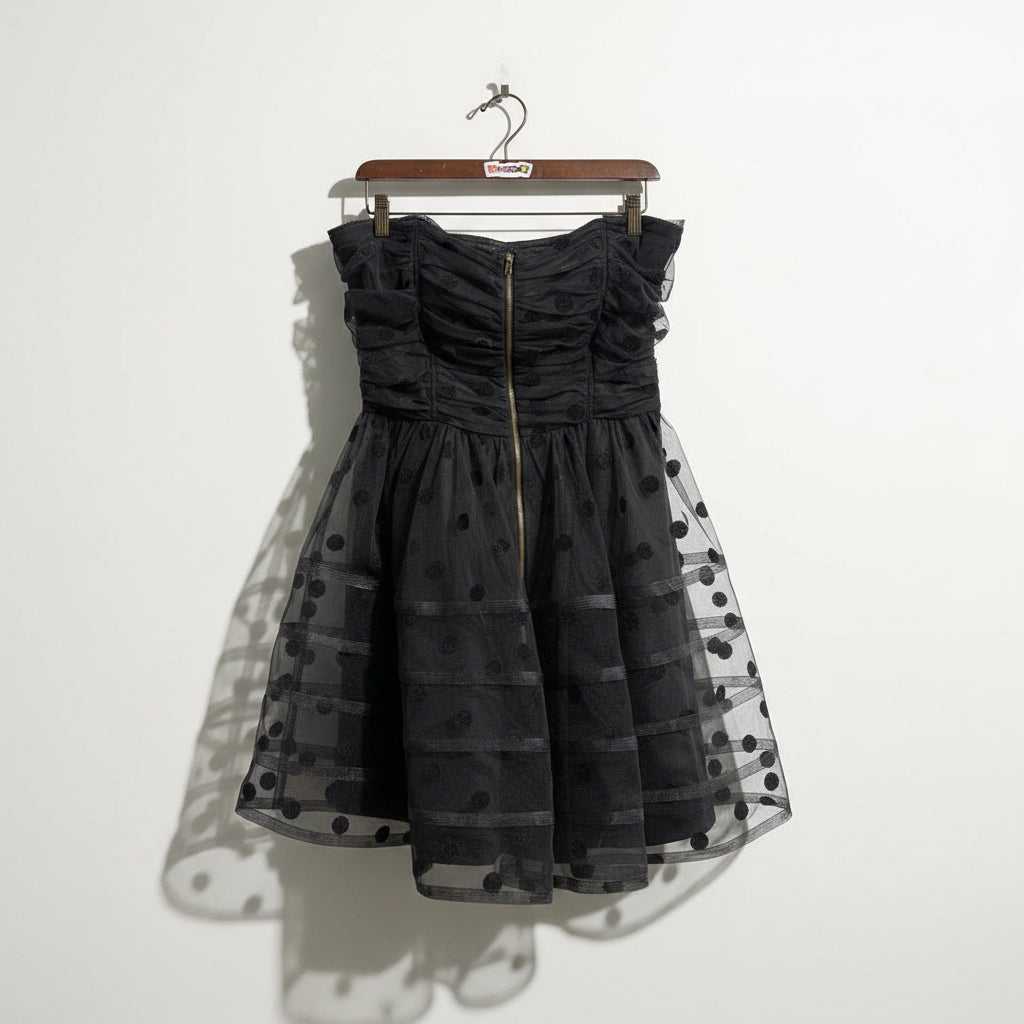 Betsey Johnson Strapless Mini Dress Tulle Polka Dot Black Size 12