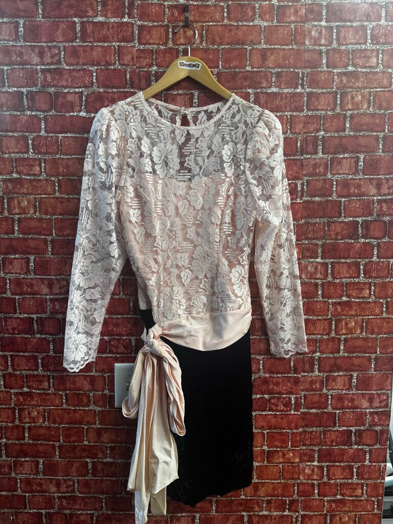 Vintage Chenelli Pink & Black Lace & Velour Midi Dress Size S