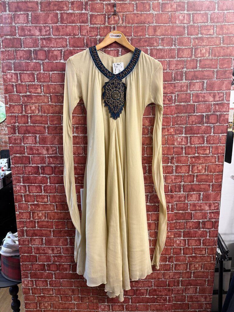 Vintage Anarkali Maxi Dress Zardozi Embellishment Beige/Blue