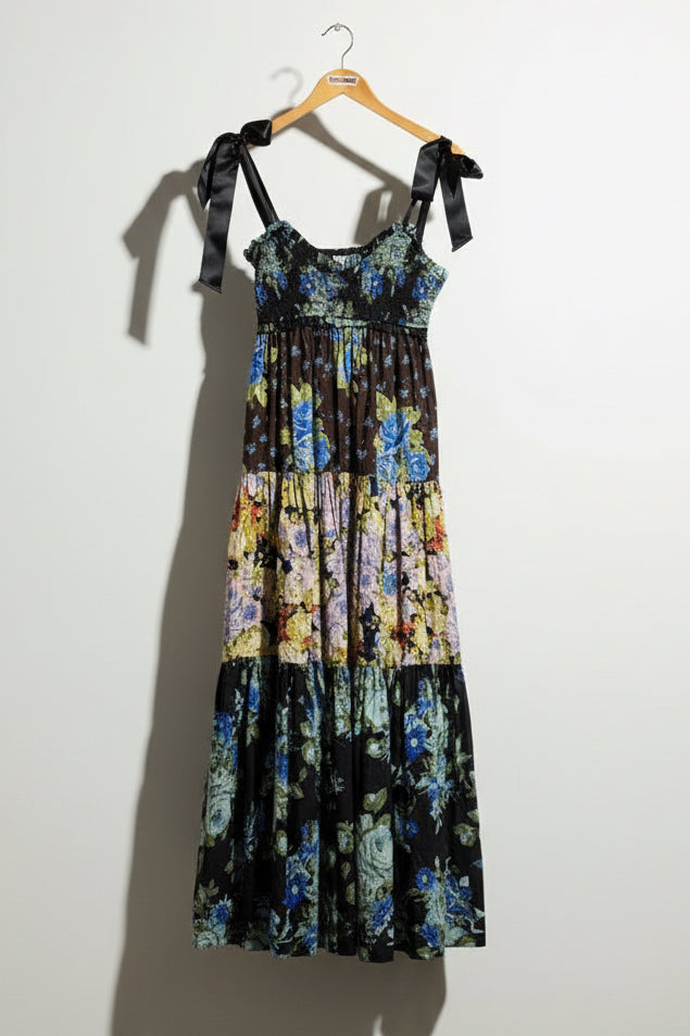 Free People Maxi Dress Floral Tie Straps Black/Brown/Multi Size S