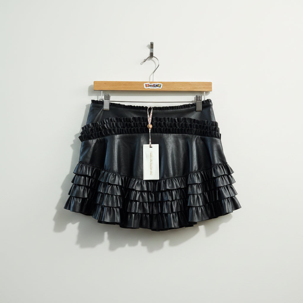 NWT LoveShackFancy Black Pleather Ruffle Mini Skirt Size 2
