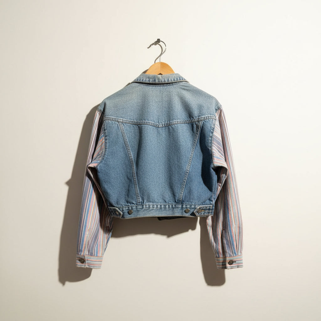 Vintage Cokilage Blue Denim Jacket W/Striped Sleeves Ladies Size L