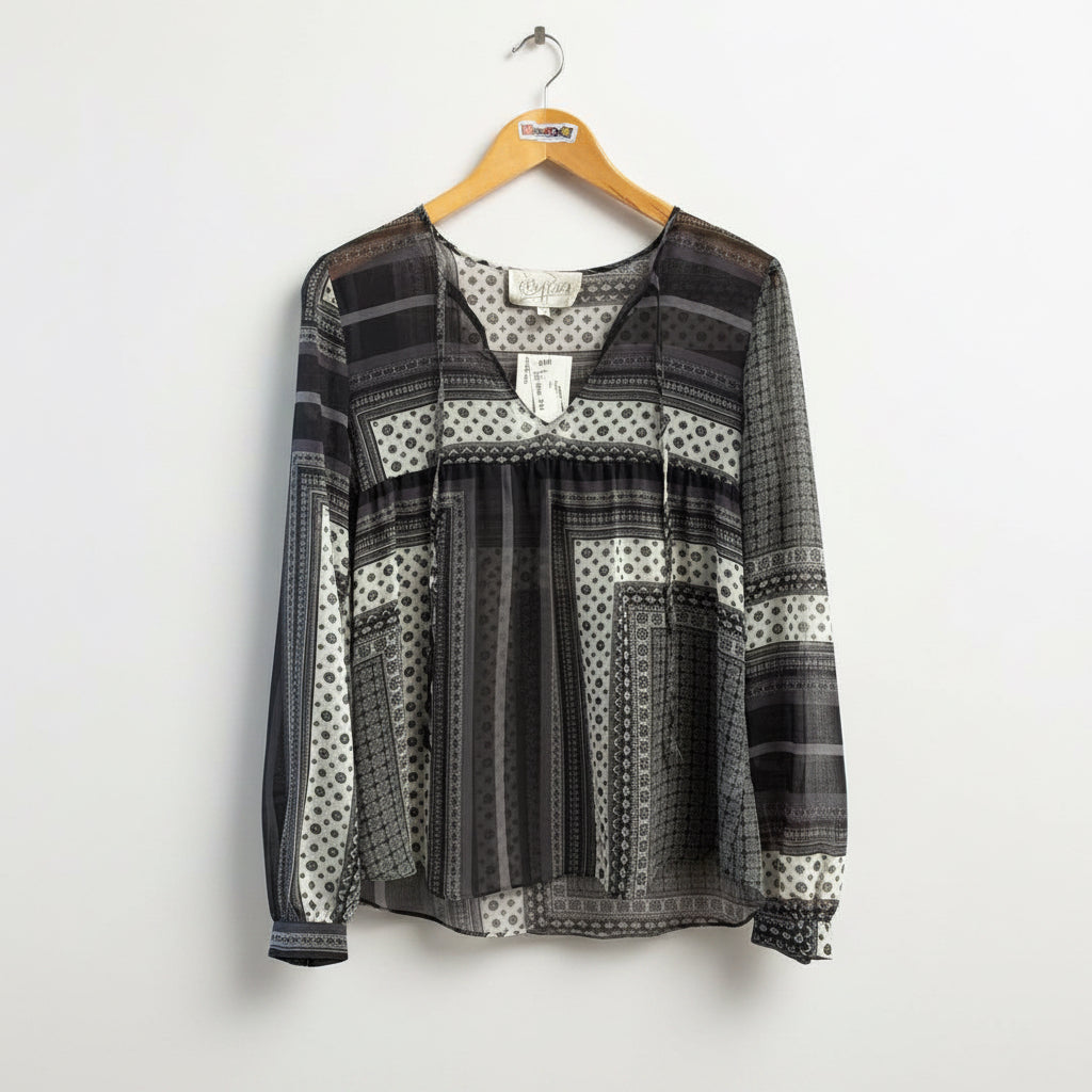 Vintage Rory Beca Blouse Silk Sheer Patterned Grey Ladies Size S