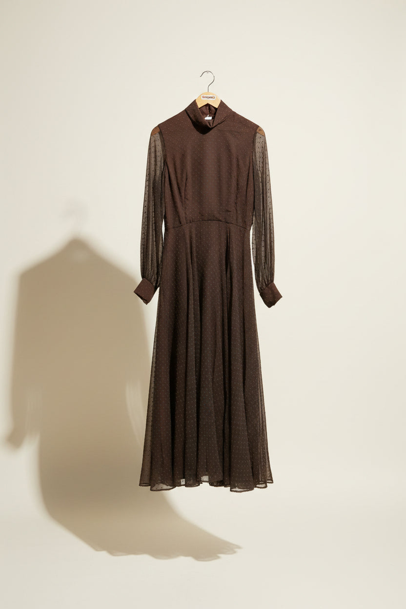 Schlamms Vintage Maxi Dress Long Sleeve Mock Neck Dots Sheer Brown Diversity Consignment Schlamms Vintage Maxi Dress Long Sleeve Mock Neck Dots Sheer Brown Diversity Consignment
