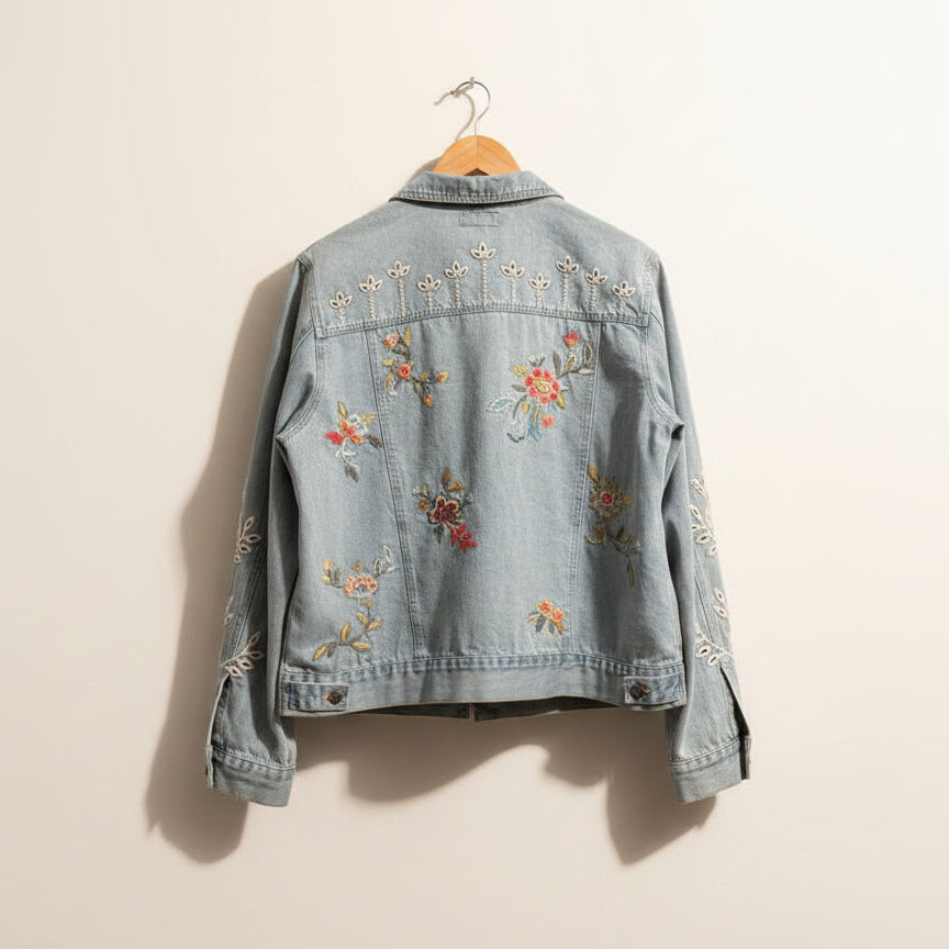 Johnny Was Denim Jacket Embroidered Floral Blue Ladies Size L