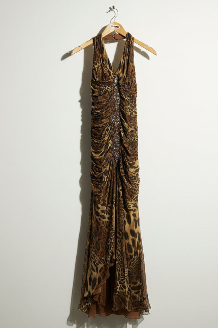 y2k maxi dress Aspeed USA Y2K Maxi Dress Brown Leopard Bejeweled Cinch Silk Size L