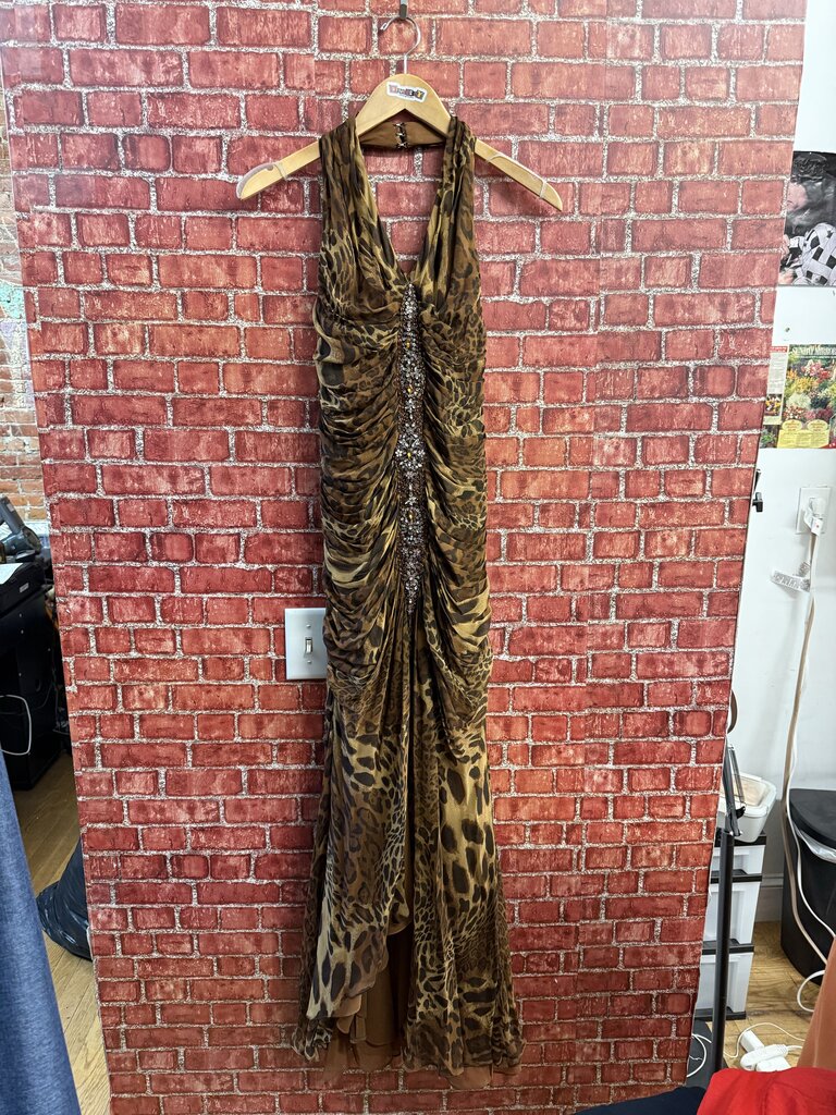 Aspeed USA Y2K Maxi Dress Leopard Bejeweled Cinch Silk Size L Brown