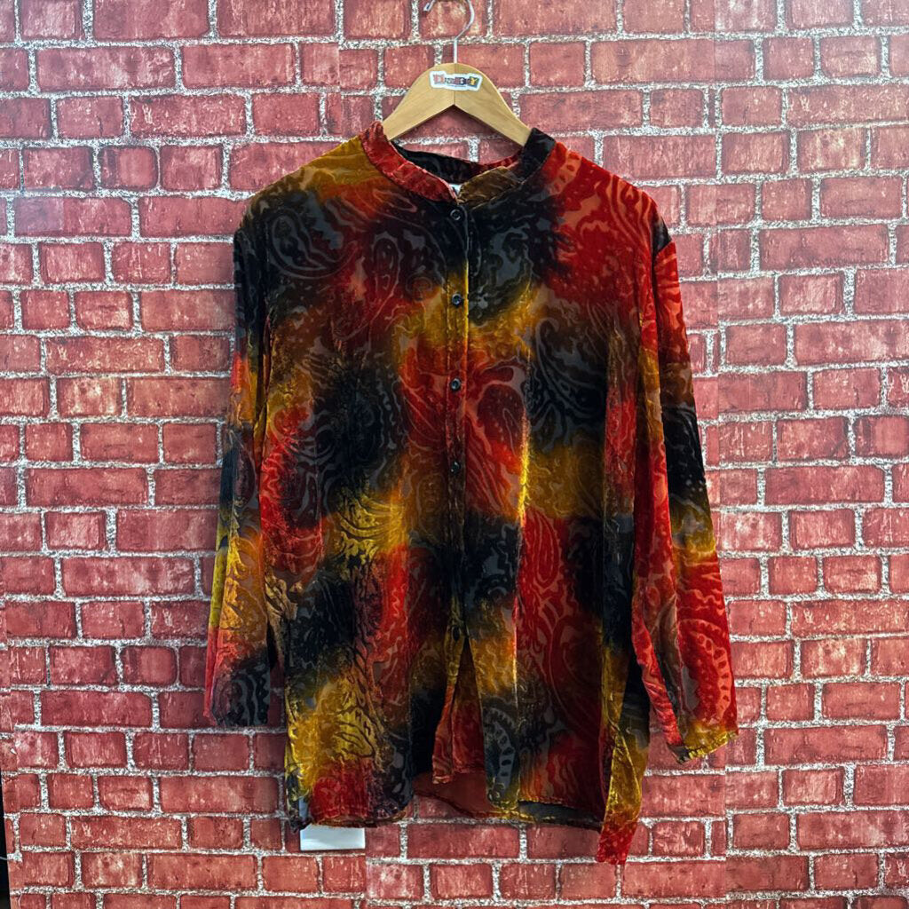 JM Collection Vintage Button Up Paisley Velvet Brown/Red/Gold Size XL
