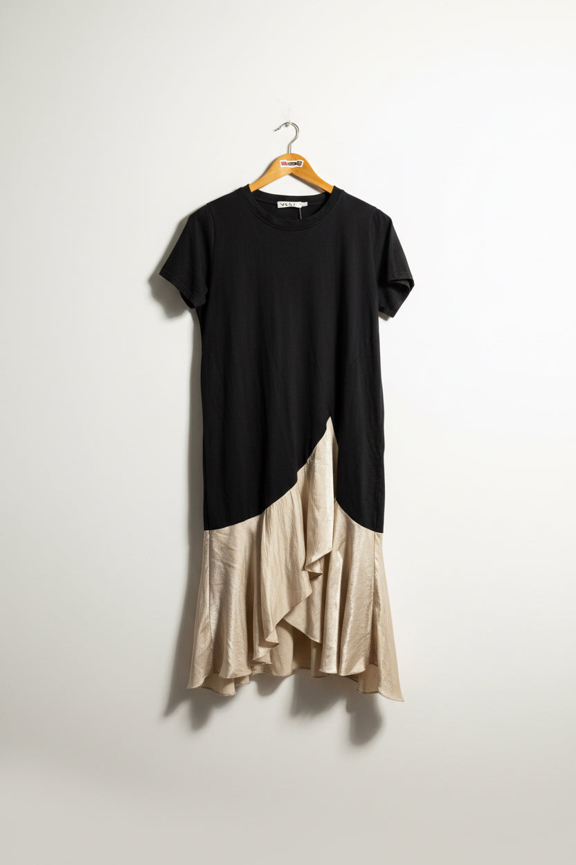 YULI Tee Shirt Dress Satin Bottom Flowy Black/Tan Size L