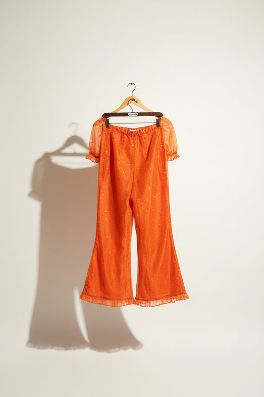 Samantha Pleet Crop Top and Pants Set Stars Orange Ladies Size S/10