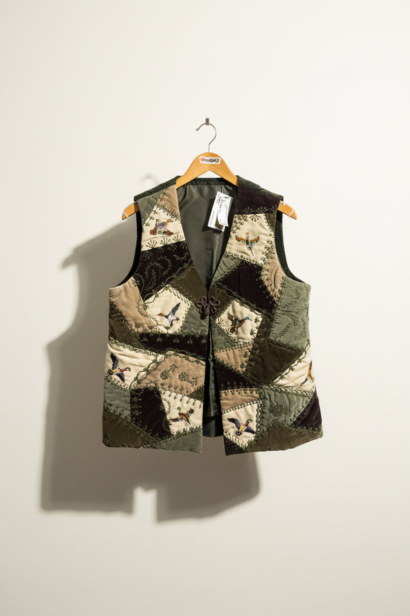 Vintage Vest Quilted Velvet Birds Green Ladies Size XL