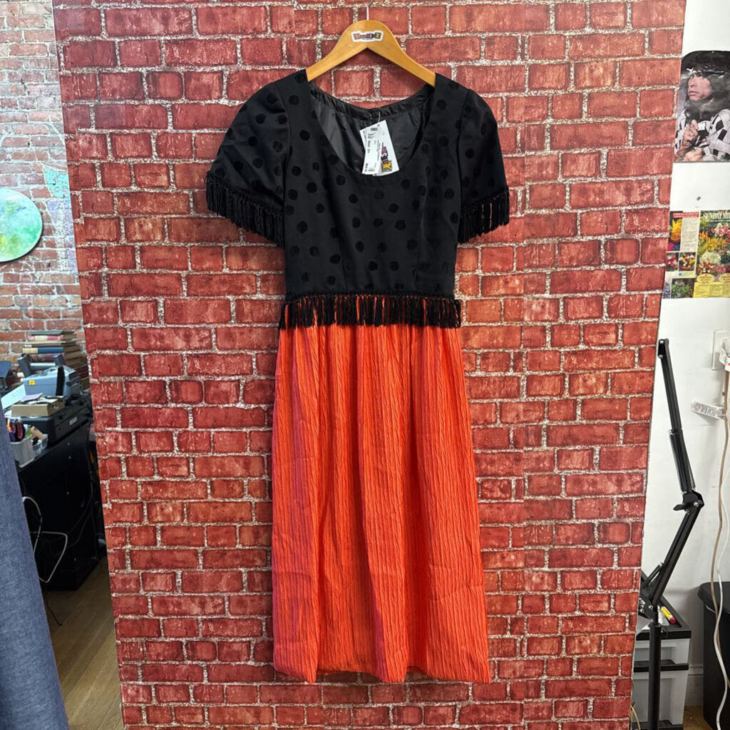 Vintage Fringe Top Black Polka Dot Red Bottom Midi Dress Size XXS