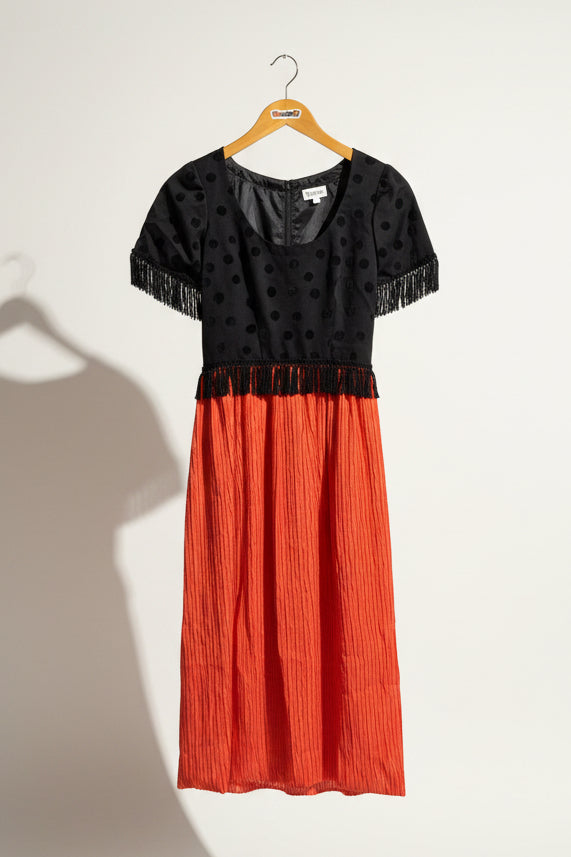Vintage Fringe Top Black Polka Dot Red Bottom Midi Dress Size XXS