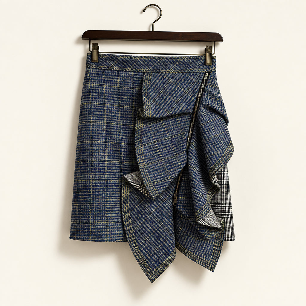 Self-Portrait Asymmetrical Plaid Skirt w/ Zipper Blue/Green/Black/White Ladies Size 2