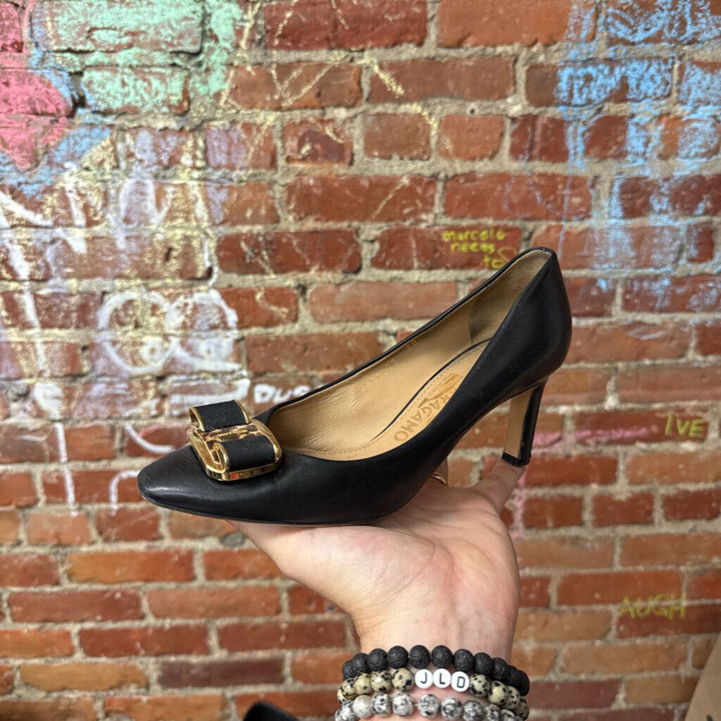 Ferragamo Heels Leather Cheetah Bow Black/Brown Size 6.5
