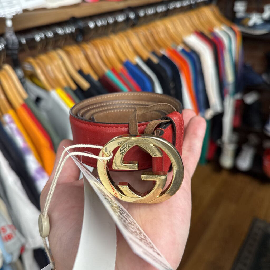 Gucci Leather Belt Gold Buckle Red Size 32