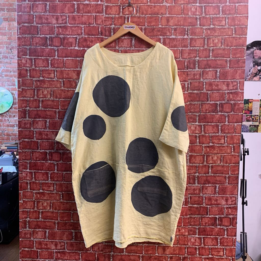 Skifo Midi Dress Painted Dots Linen Blend Yellow/Grey