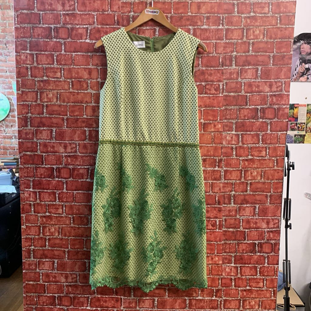 Sara Campbell Midi Dress Checker Mesh Floral Bottom Beige/Green Size 14