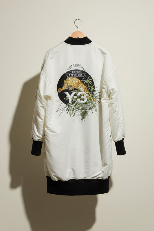 Adidas Y 3 white and black embroidered cheetah bomber jacket