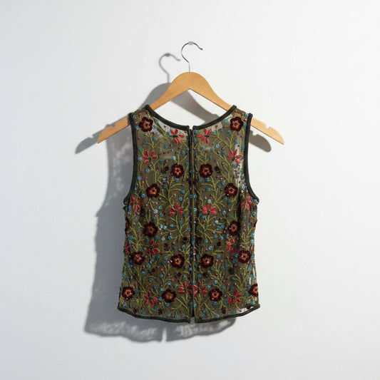 Carol Horn's Habitat Vintage Silk Tank Embroidered Floral Olive Green Ladies Size S