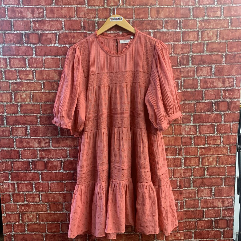 Doen Mini Dress Short Sleeve Lace Trim Floral Salmon Size