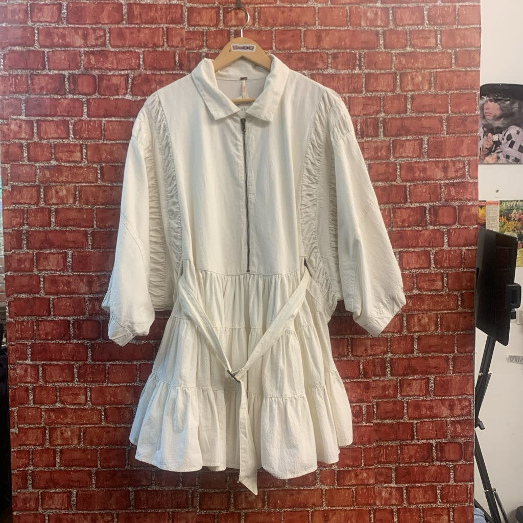 Free People Mini Dress Long Sleeve Belted White Size M
