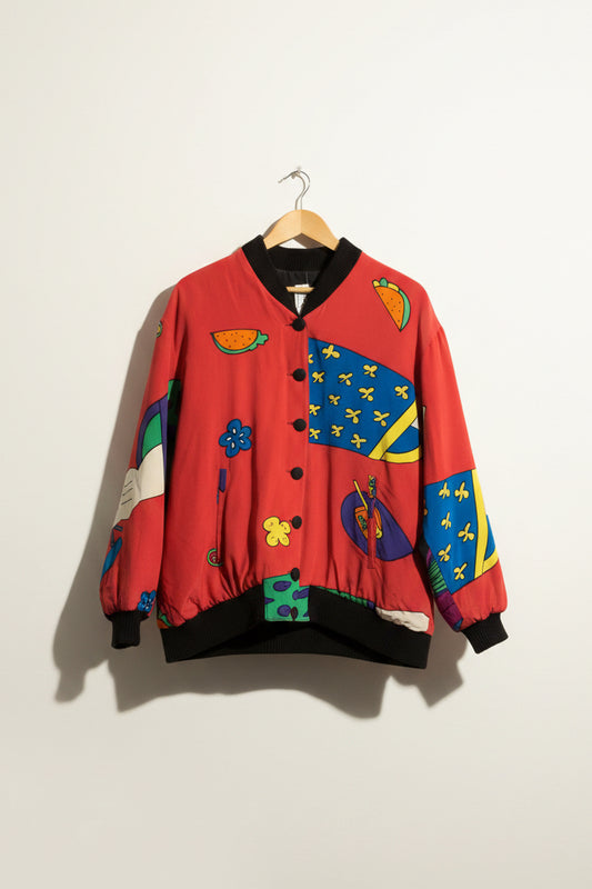 Vintage Hand Painted Silk Bomber Jacket Red/Multi Size 2XL