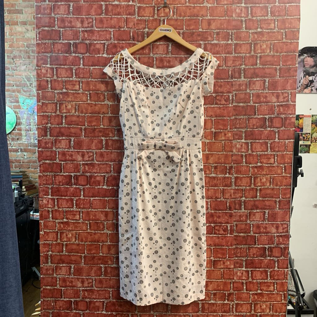Tatyana Midi Dress Polka Dots Wide Netting Collar Pink/Black Size M