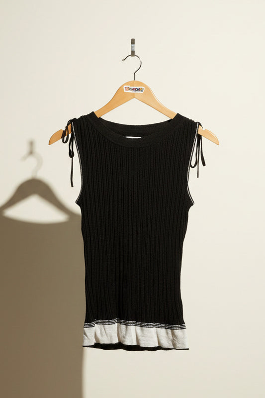 Parallel Vintage Tank Shoulder Tie Ribbed Black/White Ladies Size S