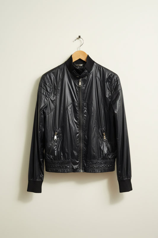 Dolce & Gabbana Zip Bomber Jacket Y2K Glossy Nylon Black Size S