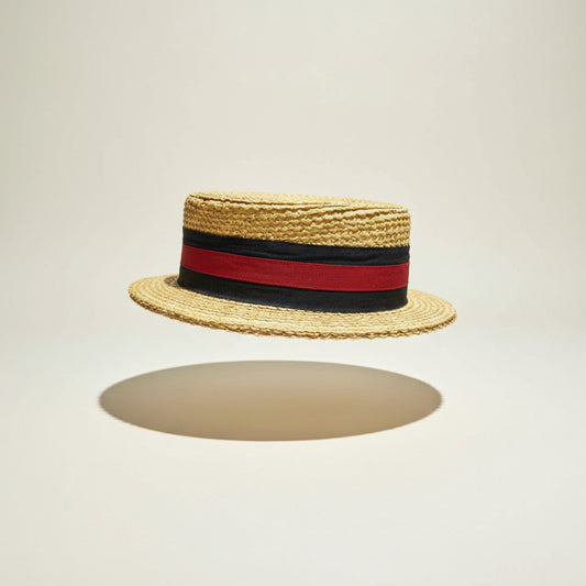 Scala Classico Woven Straw Boater Hat Tan/Navy/Red Size S