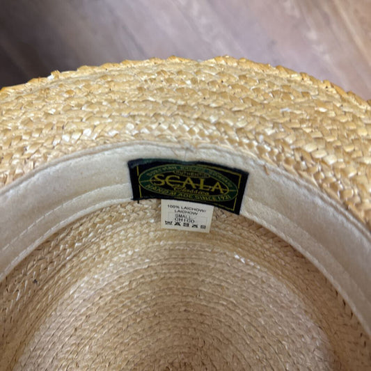 Scala Classico Woven Straw Boater Hat Tan/Navy/Red Size S