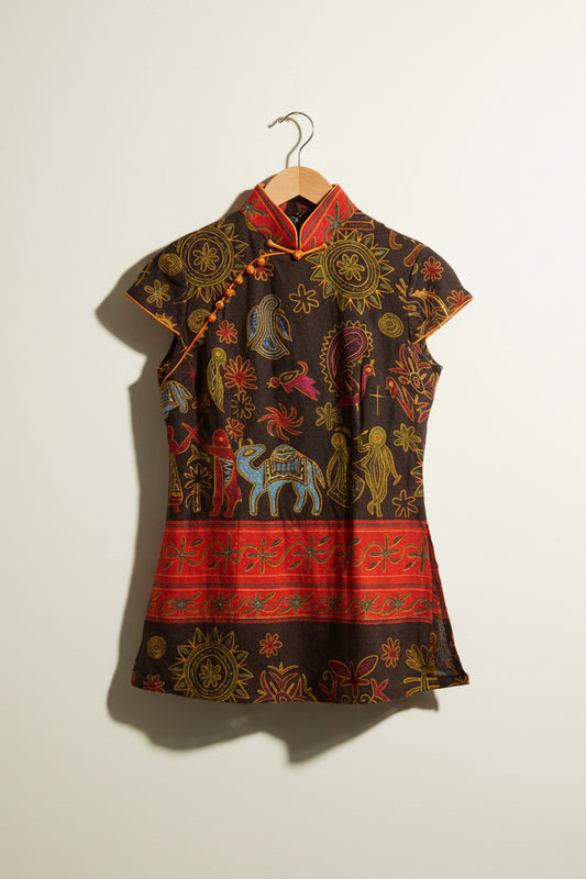 OCHI Tunic Cap Sleeve Mock Neck Abstract Animals Linen Brown/Multi Ladies Size 8