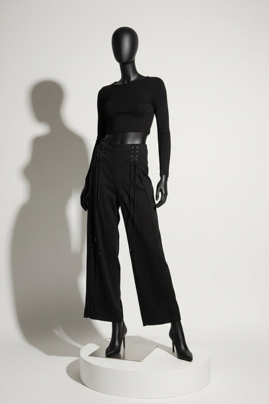 Hello Molly Pants Linen Full Front Slit Lace Up Ties Black Size L