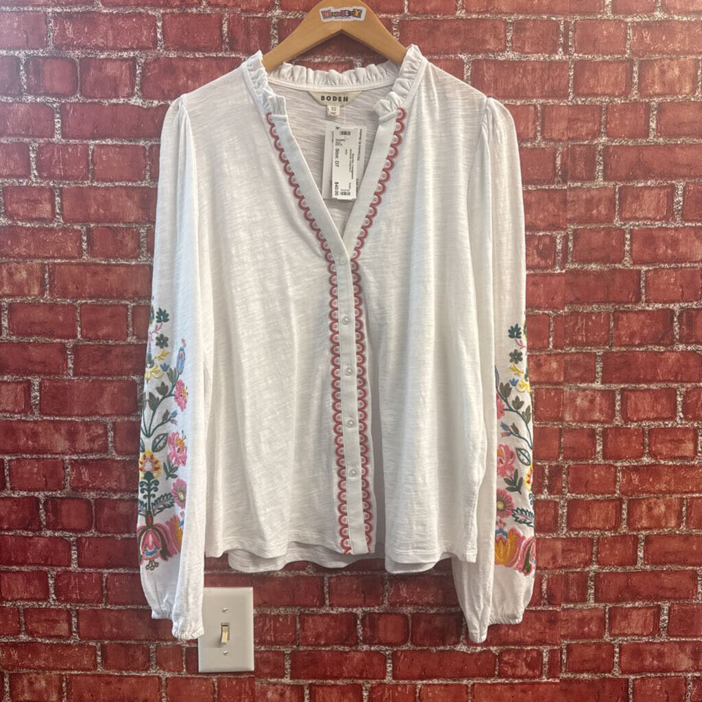 Boden LS Button Up Embroidered Flowers White/Multi Size 10